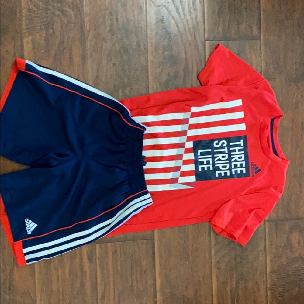 Little boy adidas shorts and tee shirt.
